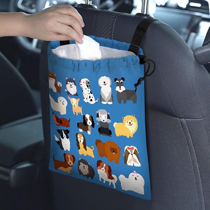 Car Trash Bag Hanging Back of Seat Waterproof Small Cute Printed One-Handed Strap Drawstring Garbage Bags for Car-Cute Animal Dogs