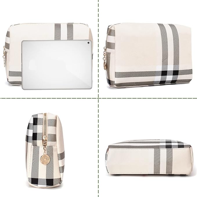 Large Makeup Bag for Purse Luxury Women Cosmetic Bags Designer Make Up Pouch for Toiletry Travel Organizer (Beige)