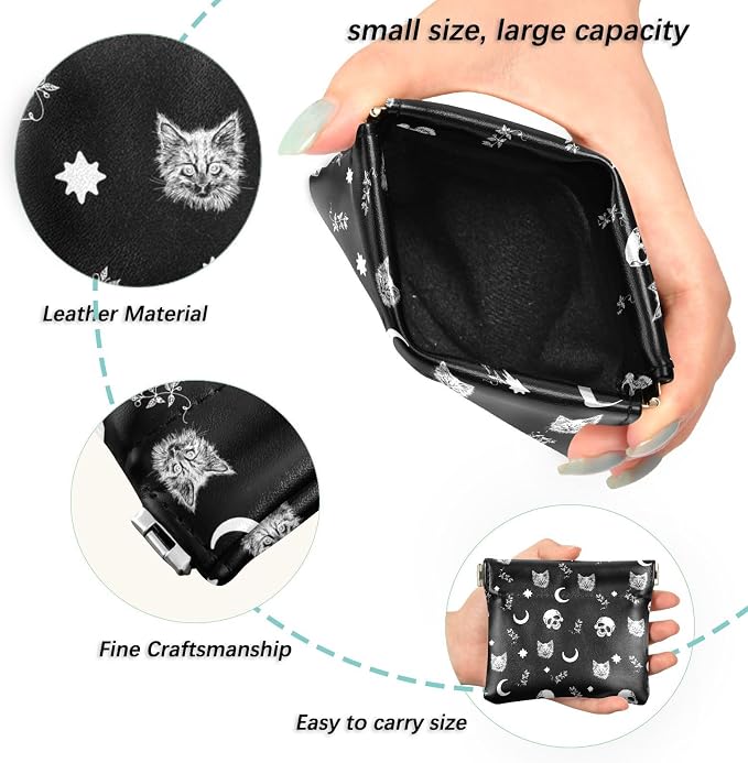 Gothic Moon Skull Cat Women's Waterproof PU Leather Coin Purse, Slim Travel Wallet with Zipper - Compact Card Holder & Jewelry Organizer for Cash, Keys, Lipstick