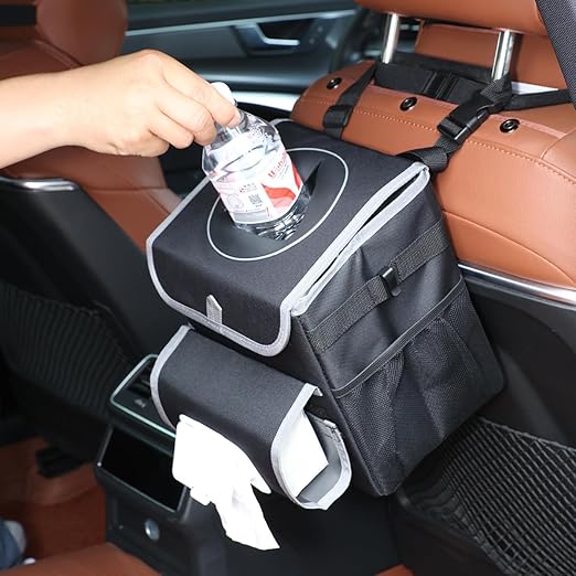 upra Car Trash Can with Lid Leakproof,Bag Hanging Storage Pockets,Adjustable Tissue Holder & Straps Garbage Bin, Portable Auto Trash Bag Holder for Road Trip, Kids, Dog Owners