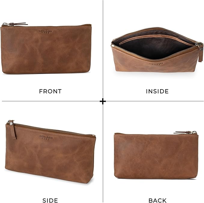 BERLINER BAGS Vintage Genuine Leather Makeup Bag Anna, Cosmetic Bag for Purse, Travel and Cosmetics Pouch with Zipper for Women- Brown