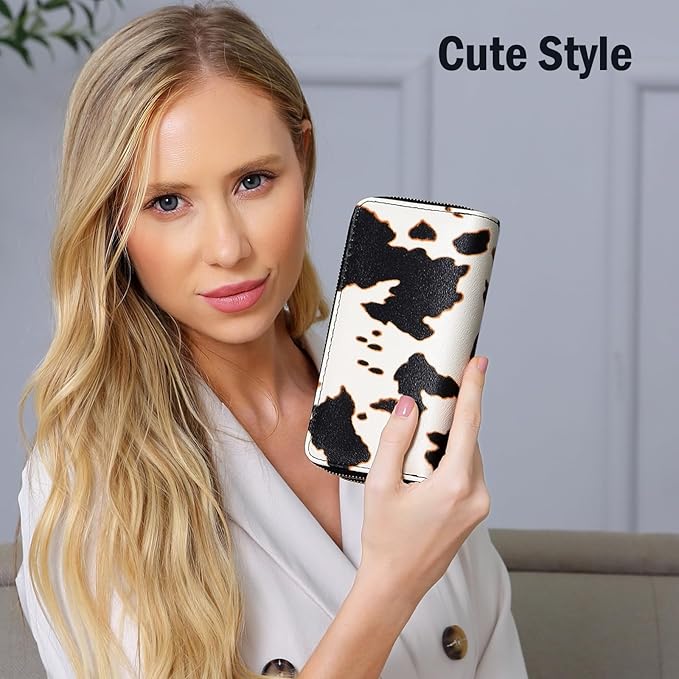 Cow Print Wallet for Women Western Highland Purse Cow Stuff Gifts Double Zipper Ladies Large Capacity Credit Card Holder (Brown Cow)