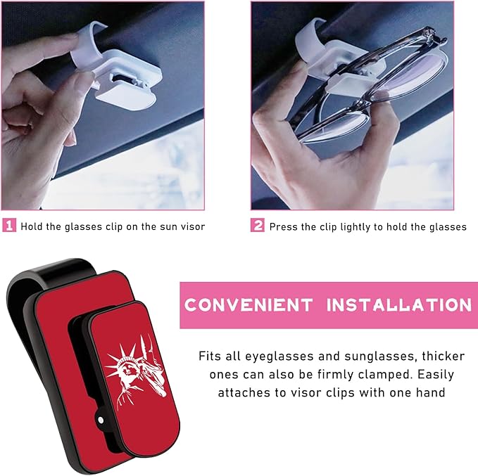 Ohleats Sunglasses Holder for Car Sun Visor, Statue of Liberty Metal Auto Eyeglass Hanger Clip, Multi-Function Ticket Card Clip Eyeglasses Mount, Car Accessories for Men Women (Red)