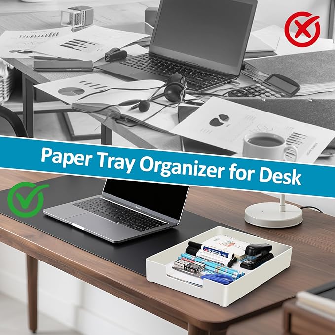 Desk Organizer Tray, 2-Pack A4 Letter-Size Tray, Plastic Printer Paper Holder, Rectangular Desktop Stackable File Holder for Office Supplies School Home, Mail Document Storage Containers (White)