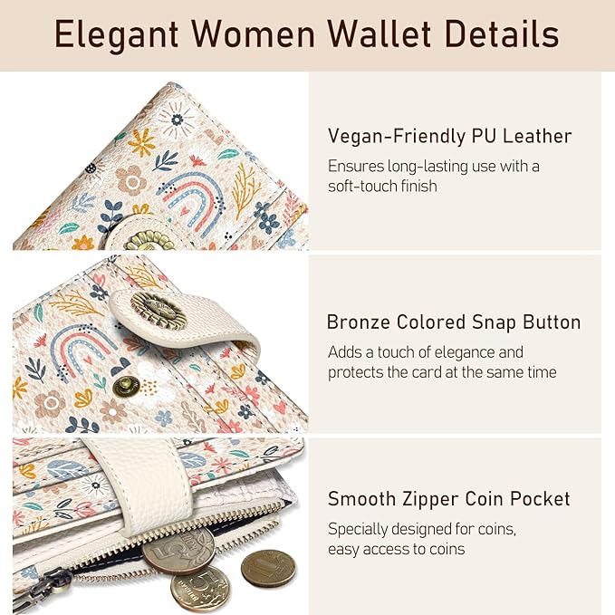 Kelvoris Rainbow Flower Floral Small Rfid Women Wallet Bifold Zipper Coin Pocket PU Leather Compact Cash Credit Card Holder Travel Wallet for Female Ladies Teen Girls 1 ID Window 10 Card Slots