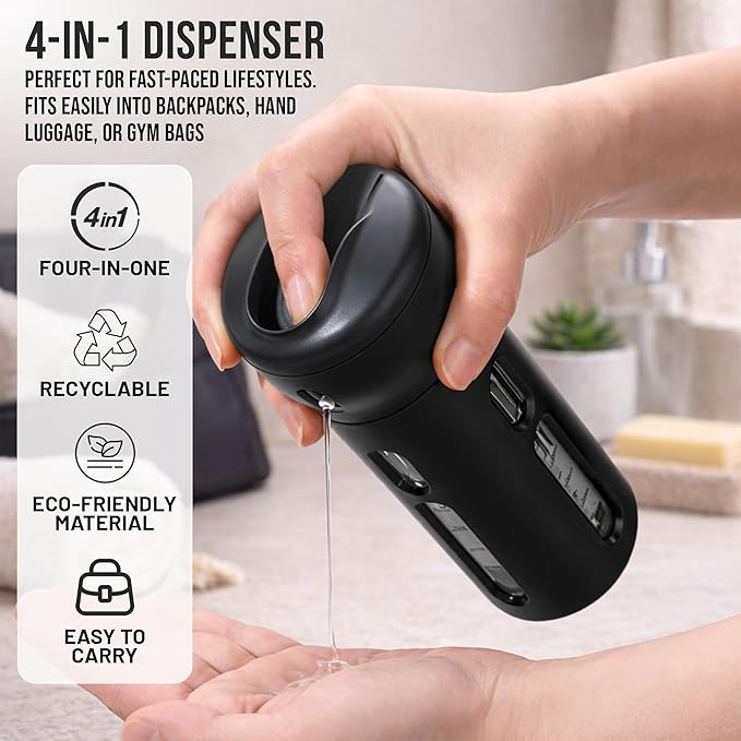 Travigo 4-in-1 Travel Dispenser Bottle, TSA Approved, Leak Proof, Four Reusable 1.4 oz. (40 mL) Toiletry Containers for Shampoo, Conditioner, Soap, Lotion, Skincare (Black)