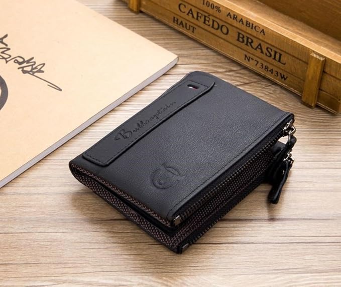 BULLCAPTAIN Genuine Leather Wallet for Men Vintage Bifold with Double Zipper Pockets (Black)