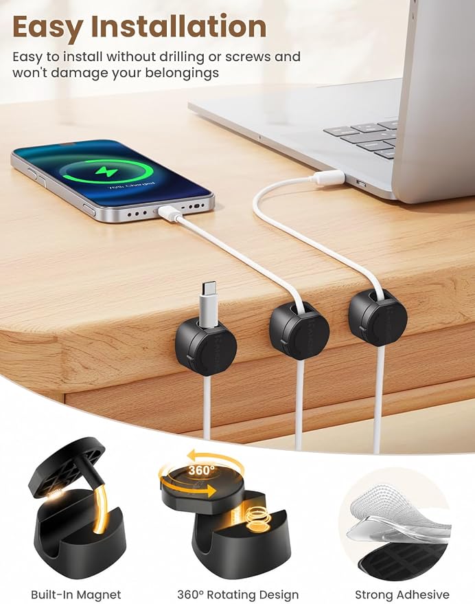 6-Pack Magnetic Cable Clips 360° Rotating, Kanemc Adhesive Cord Organizer for Desk, Minimalist Wire Holder Cable Management for Phone Charger, Laptop Cords, Nightstand and Office Accessories