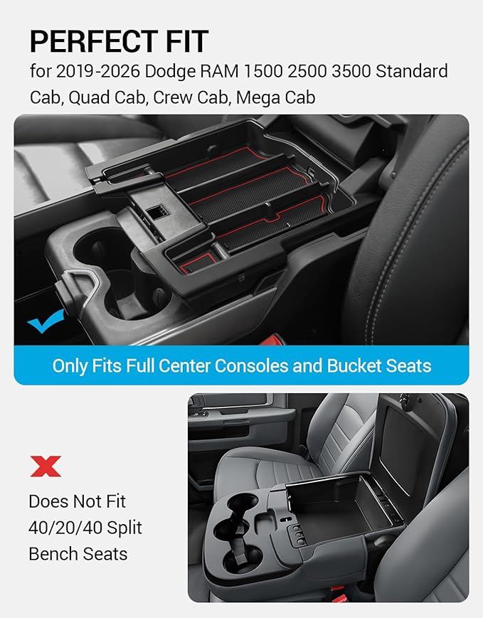 Motrobe Center Console Organizer Tray for Dodge RAM 1500 2500 3500 Armrest Storage Box Accessories 2026 2025 2024 2023 2022 2021 2020 2019