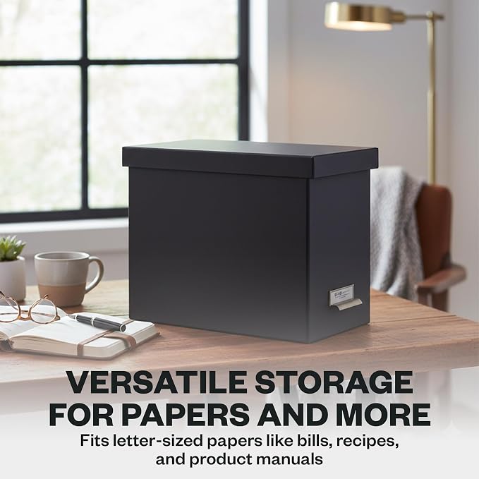 Bigso John Fiberboard Label Frame Desktop File Storage Box - Document Organizer for Important Paperwork - Durable Hanging File Box with a Lid & Metal Label Window - 7.36 x 13.38 x 10.51 in - Dark Grey
