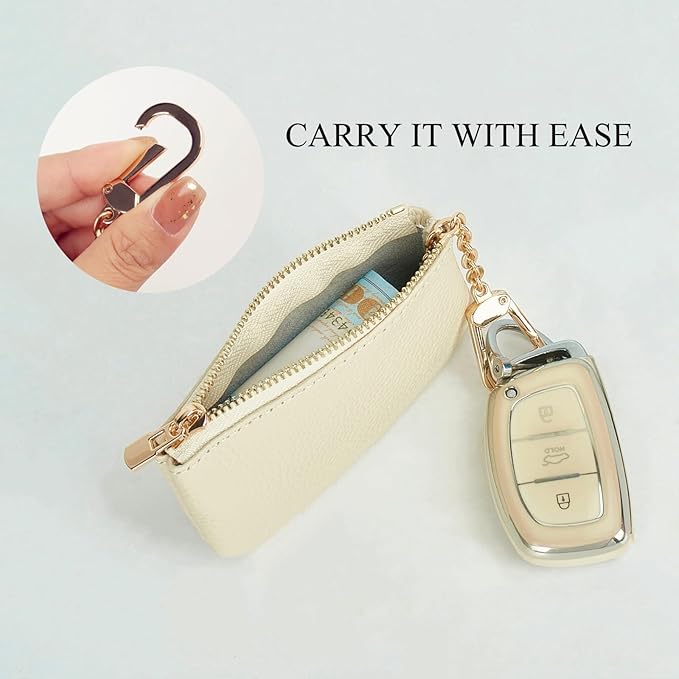 Full Grain Leather Coin Purse with Key Chain - Small Change Purse Keychain Card Holder Keychain Pouch Small Keychain Wallet for Women and Men (Creamy-white), LA-2312