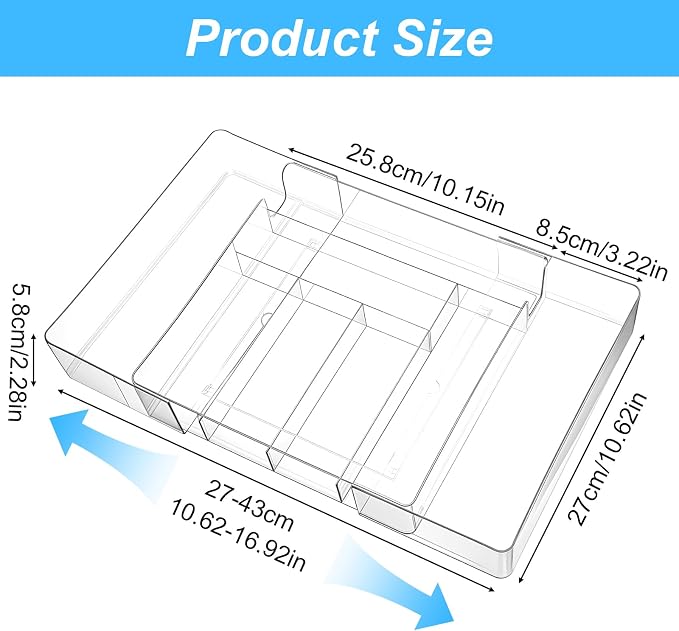 Expandable Acrylic Drawer Organizer, Clear Desk Drawer Organizers Tray with 8 Adjustable Compartments Multifunctional Desk Accessories for Vanity, Office, Kitchen, Bathroom
