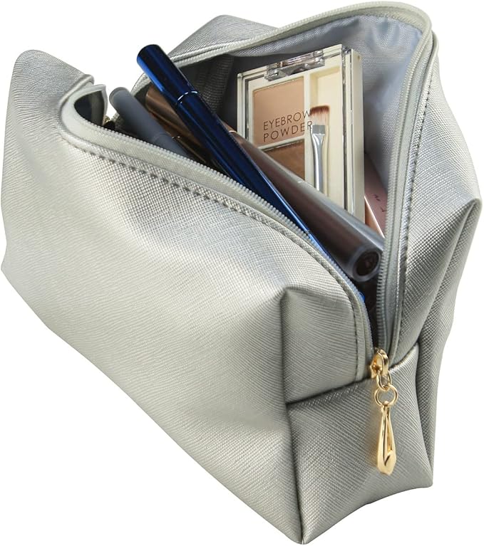 Small Makeup Bag Portable Cosmetic Bag for Women Makeup Pouch Waterproof Toiletry Bag for Travel (Silver, Normal)