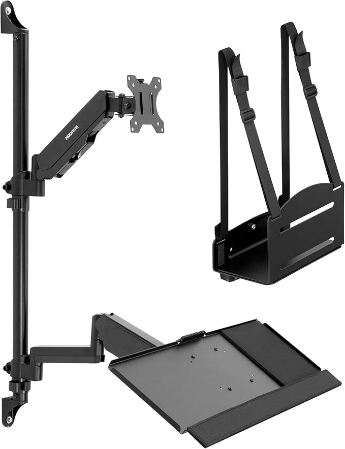 Mount-It! Single Monitor Arm Wall Mount Workstation with Keyboard Tray & CPU Holder, Height Adjustable Gas Spring Full Motion Computer Station, Fits 17??2??VESA 75x75 100x100, Black