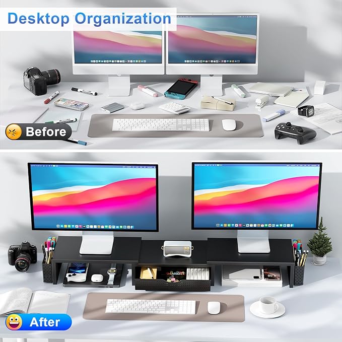 gianotter Dual Monitor Stand Riser, Desk Organizer With Drawer and 2 Pen Holders, Computer Monitor Stand, Desk Shelf for Top of Desk (Black)