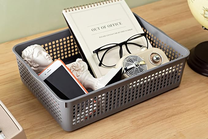 Eslite A4 Size Plastic Storage Basket,Desktop File Paper Letter Organizer Tray, 6-Packs (White+Grey)