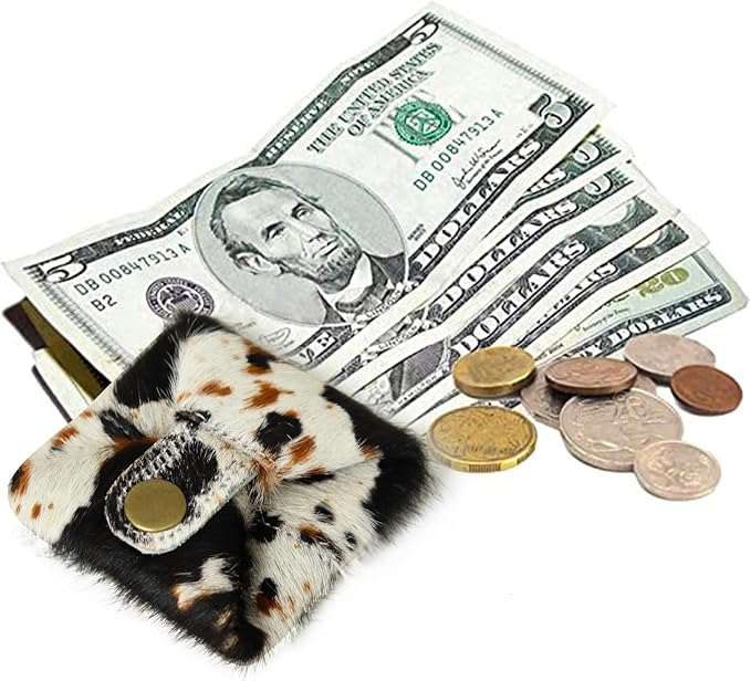 Cowhide Coin Purse Change Holder Mini Pouch for Women Hairon Leather Cow Print (Salt & Pepper)