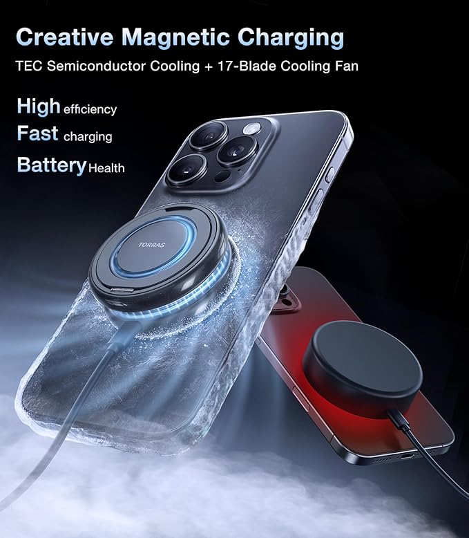 TORRAS PolarCircle Qi2 Wireless Charger, 15W Cooling Magnetic Pad for Samsung Galaxy S26, Wireless Charger for iPhone 17/16/15/14 with 360°Spin Stand, Semiconductor Game Cooler, with 5ft Type-C Cable