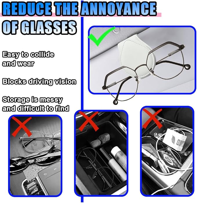 BDZMC Car Sunglass Holder, Magnetic Leather Eyeglasses Hanger Mounter for Sun Visor, Multipurpose Sunglass Holder Clip, Ticket Card Organizer Clip, Universal Visor Car Accessories (White)