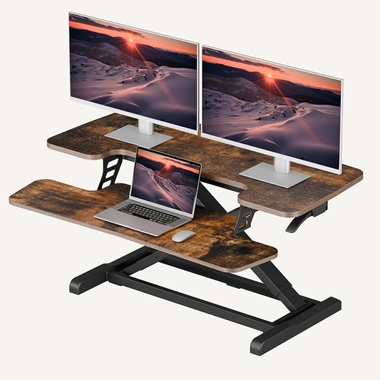 SANODESK 36" Standing Desk Converter, Height Adjustable Sit-Stand Computer Riser, Dual Monitor Workstation with Keyboard Tray, Ergonomic Tabletop, Rustic Brown