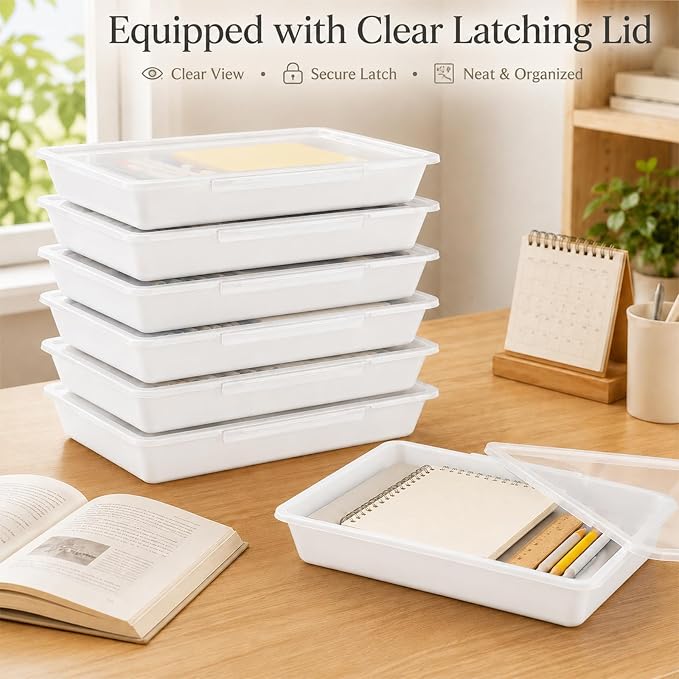 12 Pack Flat Storage Paper Tray with Clear Latching Lid Letter Size Organizer Bin Tray Plastic Latching File Organizer for Classroom Library School Office Teacher Desktop Book Organization (White)