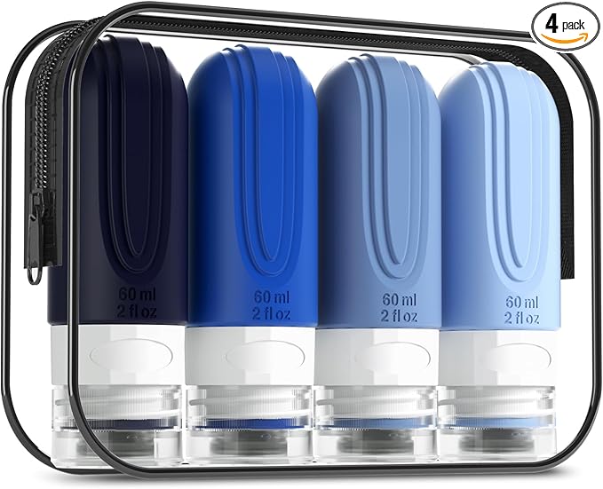 Mrsdry Travel Bottles for Toiletries, Tsa Approved 2oz Travel size Bottles, BPA Free Leak Proof Travels Toiletry Containers, Traveler Accessories with Toiletry Bag for Shampoo Liquid (4 Pack)