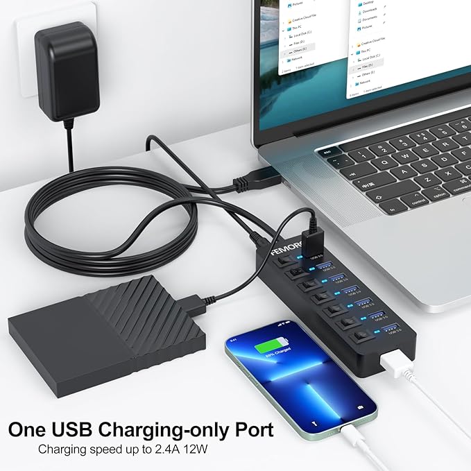 Powered USB Hub 3.0, 5Gbps Data Transfer 7 Ports and 12W Charging-only 1 Port with 5V/3A Power Adapter 4Ft Long Cable & Individual Switches for Laptop PC Flash Drive External SSD HDD Keyboard Mouse