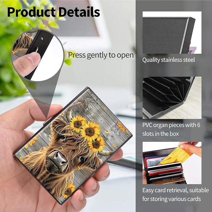 Metal Wallet for Women Men Girls, RFID Blocking Slim Aluminum Credit Card Holder, Mini Travel Wallet with Hard Shell, Lightweight ID & Business Card Case,Cow Wood