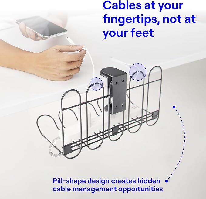 CarryUp Under Desk Cable Tray, No Drill Wire Management Clamp, Computer Cord Organizer, Cable Hider & Holder, Cord Keepers for Home Office Organization, Powder Coated Metal, Easy Install - Grey