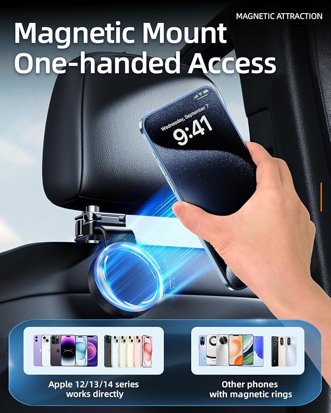 1 Pack Headrest Hook for Car Seat Back with Magnetic Phone Holder, Multifunctional Car Seat Hooks for Purses and Bags Handbag Grocery Bag, Purse Hanger Car Organizers and Storage Accessories