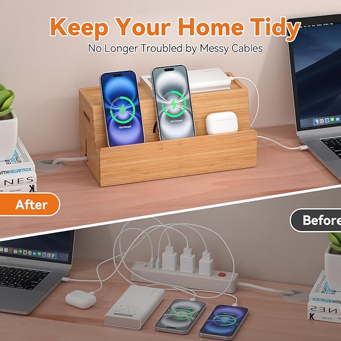 Bamboo Cable Management Box, Natural Color, 31X14X15.5CM, Cable Organizer Box for Desk with Conceal Power Cords and Power Strips, Suitable for Living Rooms, bedrooms, Offices and More