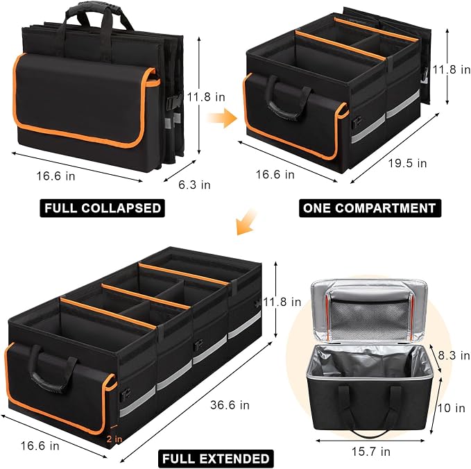 GDNasist Car Trunk Organizer and Storage with Lid & Removable Cooler Bag, Car Accessories 4 Removable Dividers for Custom Space, Collapsible Trunk Organizers Interior for SUV & Sedan, Extra Large