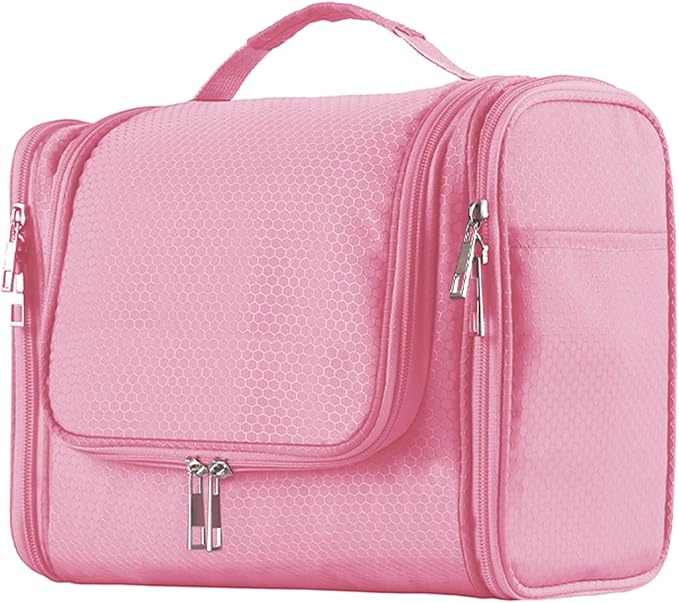 Buruis Hanging Toiletry Bag for Women and Men, Large Water-Resistant Makeup Organizer with Sturdy Hook, Lightweight Nylon Dopp Kit for Full-Sized Toiletries & Cosmetics, Pink