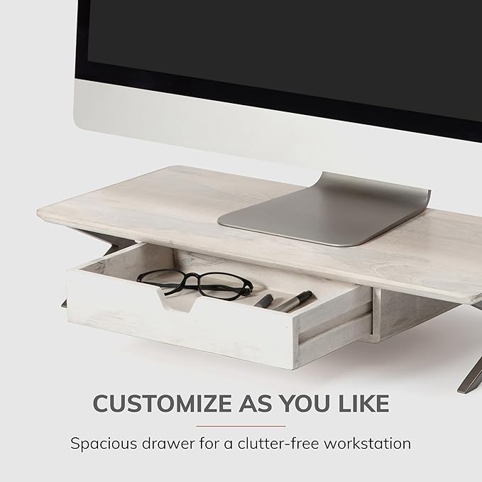 Anji Mountain Monitor Stand - Desktop Organizer & Laptop Riser, Ergonomic Monitor Riser, Space-Saving Monitor Stand for Desk, Durable Construction, Easy Assembly, Ideal for Home & Office,White Wash