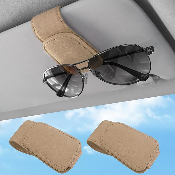 TCJJ Sunglasses Holders for Car Visor,Car Magnetic Glasses Holder Leather Sunglasses Clip and Ticket Card Clip Suitable for Car Interior Visor and Different Size Eyeglasses(Beige/2)