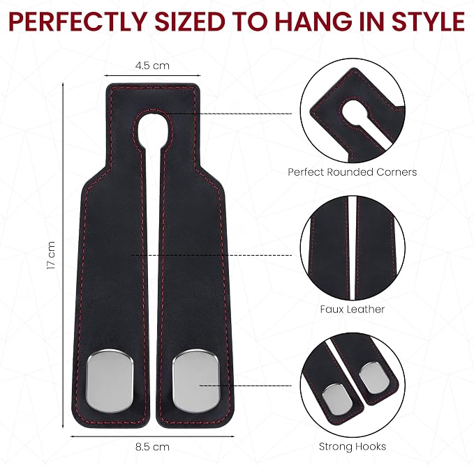 2 Pack Double Car Purse Hook Holds Up to 25 kg / 55 lbs XL Faux Leather with Durable Metal Hook (2.7x2cm) – Perfect Headrest Hooks for Car to Organize Bags and Essentials (Black)