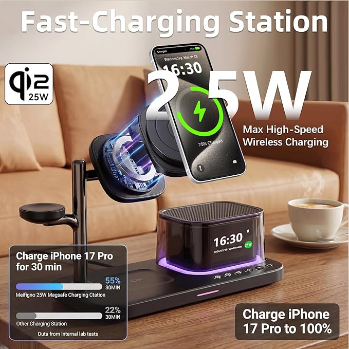 45W 5 in 1 Wireless Charging Station with Alarm Clock and Bluetooth Speaker & Night Light, Qi2.2 25W Fast Charger for MagSafe for iPhone 17/S26 Ultra, Charger Stand for iWatch & Galaxy Watch