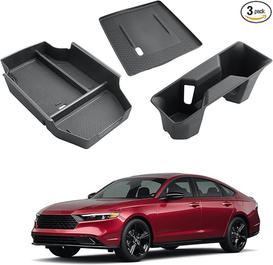 ECOZEN Center Console Organizer For 2023-2026 Honda Accord - 3 Pcs Armrest Box Storage Tray + Silicone Wireless Charging Area Mat + TPE Cup Holder For 2023-2026 Accord Hybrid Accessories