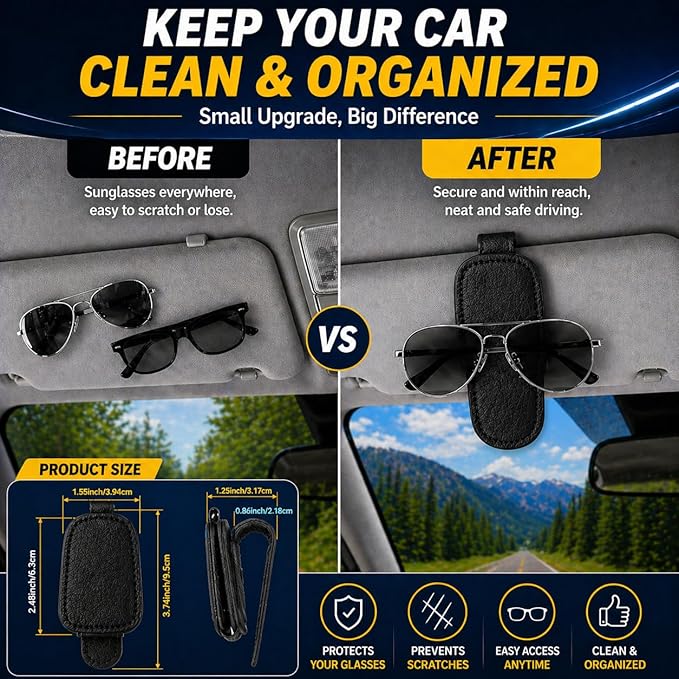 Magnetic Sunglasses Holder for Car Visor, Leather Visor Clip with Card & Ticket Slot, Secure No-Scratch Design, 2-Pack (Black)