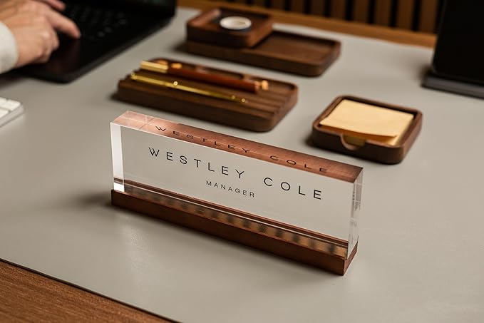 MUUJEE Wooden Desk Organization 5 Piece Set with Name Block - Personalized Acrylic Name Plaque with Wood Base and Desk Accessories Work Professional Office Gift Teacher Dad Organizer