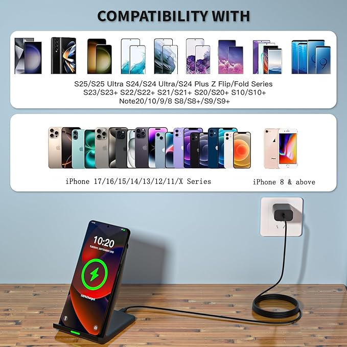 Wireless Charger Station,15W Desk Wireless Charging Stand 20W USB C Adapter for Apple iPhone 17 Pro/17/17/Air/16 Pro/16E/16 Plus/15/14/13,Samsung Galaxy S25/S24/S23/S22/Z Flip Fold/Note 20,Google etc