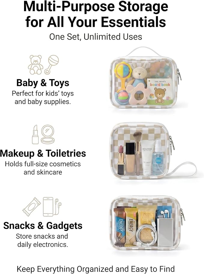 LETGO Checkered Diaper Bag Organizer Pouch Set,TSA Approved Toiletry Bag,Clear Waterproof TPU Makeup Bag Set Travel Organizer Bags for Women and Kids Toiletry Bag Set for Baby and Mom Essentials