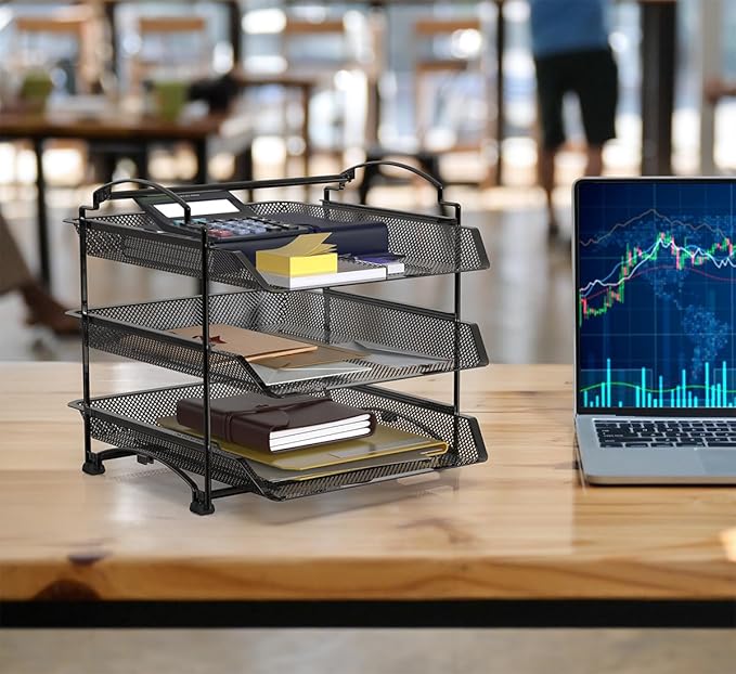 Simple Houseware 3-Tier Stackable and Sliding Desktop Document Letter Tray Organizer, Black