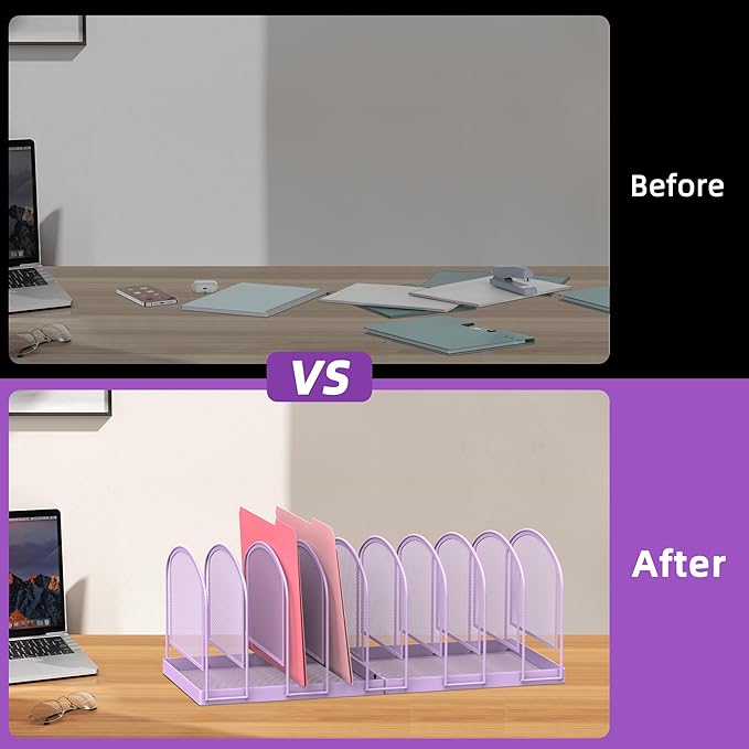 SUPEASY File Organizer 9-Section Mesh Desk Organizer, Upright File Organizer Desktop Organizer File Sorter, File Folder Holder for Office Supplies, Purple
