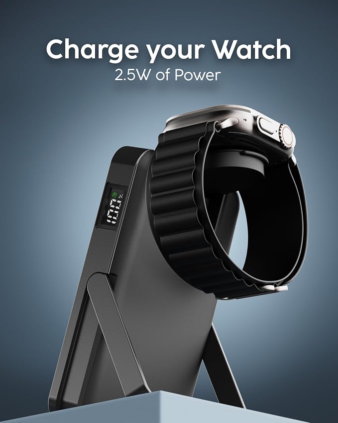 myCharge CliqLuxe Magnetic Wireless Power Bank 10,000mAh | iPhone & MagSafe Compatible | Qi2.2 25W Mag Safe Portable Charger | Built-in Stand | 2.5W Apple Watch Charger | Premium Black Fabric