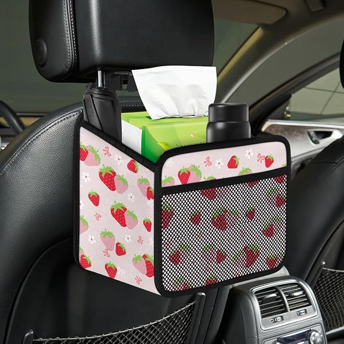 Cute Strawberry Print Car Organizer for Kids, Backseat Headrest Storage Bag, Adorable Cartoon Fruit Pattern, Foldable Waterproof PU Leather Organizer, Perfect for Mom and Baby