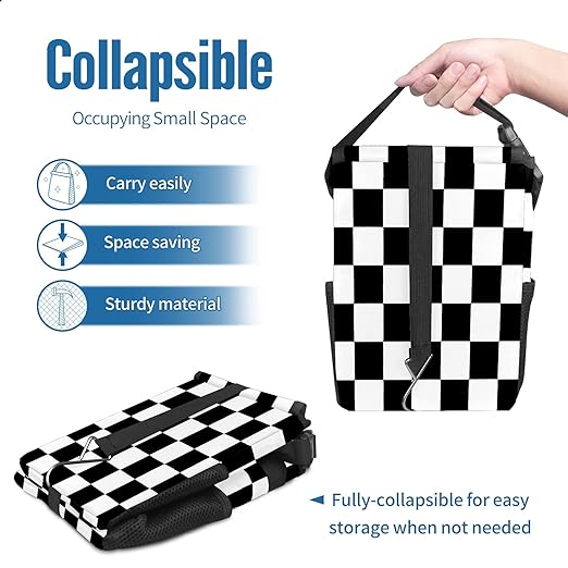 Car Trash Can Black and White Checkered Auto Garbage Bag Car Trash Can with Lid Leak-Proof Car Storage Bag Auto Garbage Bag Hanging for Headrest Collapsible and Portable with Storage Mesh Pocket
