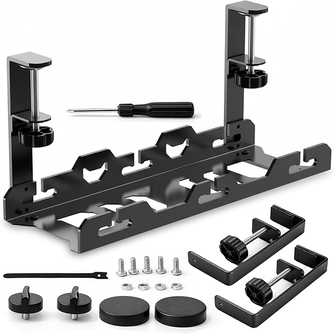 17'' Super Sturdy Cable Tray Under Desk Cord Organizer Standing Desk Cable Management System Large Power Strip Holder Cord Basket With Clamp for Wire Management Rack Office, Home, No Drill & Damage