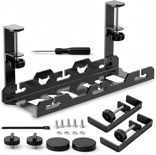 17'' Super Sturdy Cable Tray Under Desk Cord Organizer Standing Desk Cable Management System Large Power Strip Holder Cord Basket With Clamp for Wire Management Rack Office, Home, No Drill & Damage