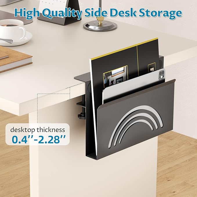 Onemake Rainbow Desk Side Storage, No Drill Laptop Holder, Clamp on Desks Shelf with Magnetic Pen Holder, Hanging Desk Organizer for Home Office, Fits Flat Edge Tables 0.4" to 2.3"